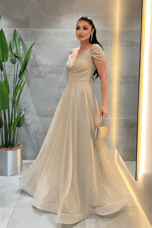 Simli Kumaş Kayık Yaka Abiye Elbise - GOLD - Angelino Moda (1)