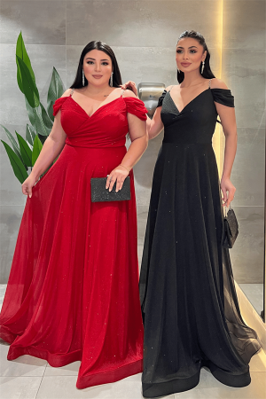 Simli Kumaş Kayık Yaka Abiye Elbise - KIRMIZI - Angelino Moda