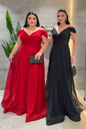 Simli Kumaş Kayık Yaka Abiye Elbise - KIRMIZI - Angelino Moda (1)