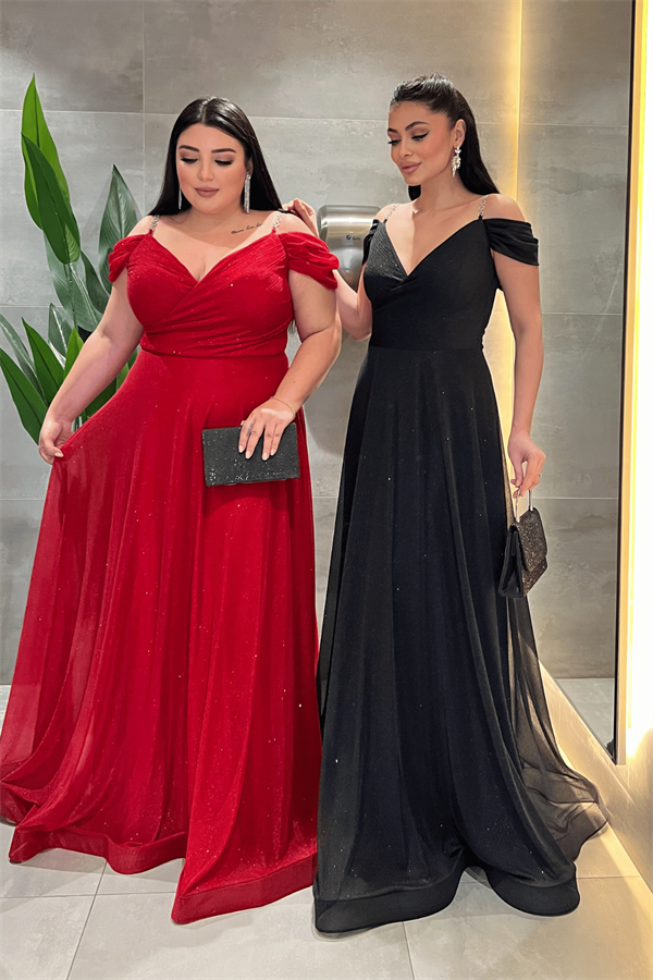 Simli Kumaş Kayık Yaka Abiye Elbise - KIRMIZI - 3