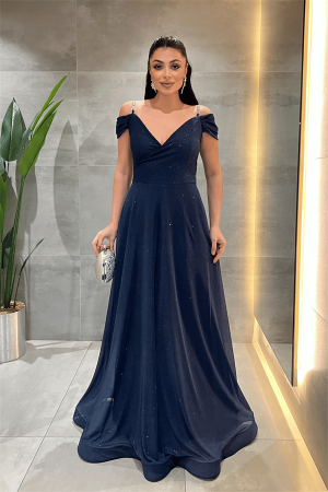 Simli Kumaş Kayık Yaka Abiye Elbise - LACİVERT - Angelino Moda
