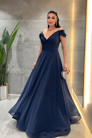 Simli Kumaş Kayık Yaka Abiye Elbise - LACİVERT - Angelino Moda (1)