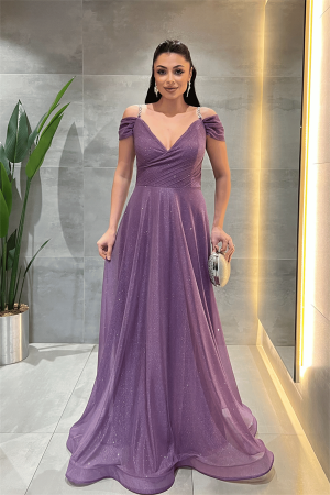 Simli Kumaş Kayık Yaka Abiye Elbise - MOR - Angelino Moda