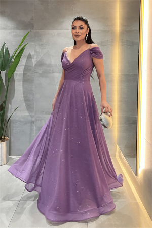 Simli Kumaş Kayık Yaka Abiye Elbise - MOR - Angelino Moda (1)