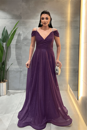 Simli Kumaş Kayık Yaka Abiye Elbise - PATLICAN MOR - Angelino Moda