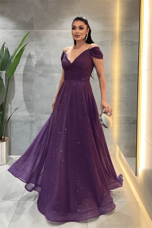 Simli Kumaş Kayık Yaka Abiye Elbise - PATLICAN MOR - Angelino Moda (1)