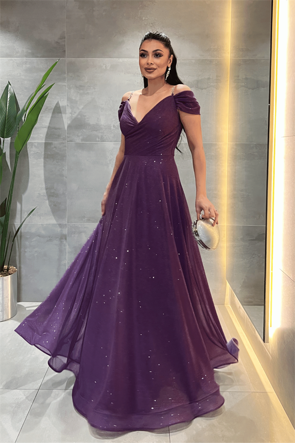 Simli Kumaş Kayık Yaka Abiye Elbise - PATLICAN MOR - 2