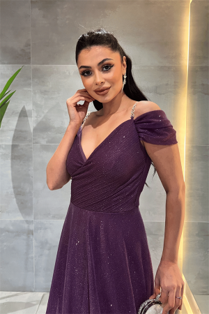 Simli Kumaş Kayık Yaka Abiye Elbise - PATLICAN MOR - 4