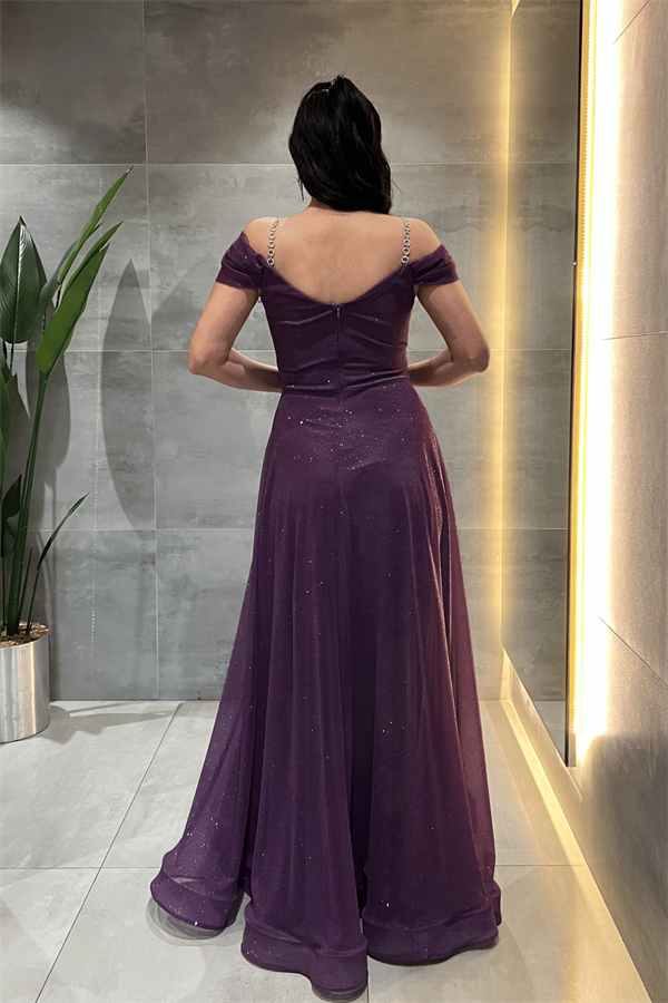 Simli Kumaş Kayık Yaka Abiye Elbise - PATLICAN MOR - 5