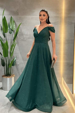 Simli Kumaş Kayık Yaka Abiye Elbise - ZÜMRÜT YEŞİL - Angelino Moda (1)