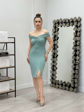 Simli Kumaş Kayık Yaka Elbise - MİNT YEŞİL - 1