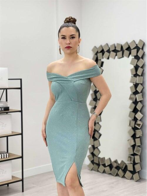 Simli Kumaş Kayık Yaka Elbise - MİNT YEŞİL - 2