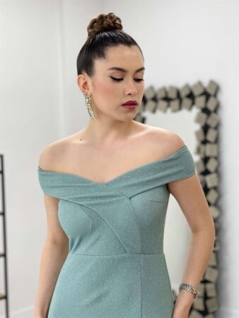 Simli Kumaş Kayık Yaka Elbise - MİNT YEŞİL - 3