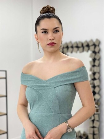 Simli Kumaş Kayık Yaka Elbise - MİNT YEŞİL - 4