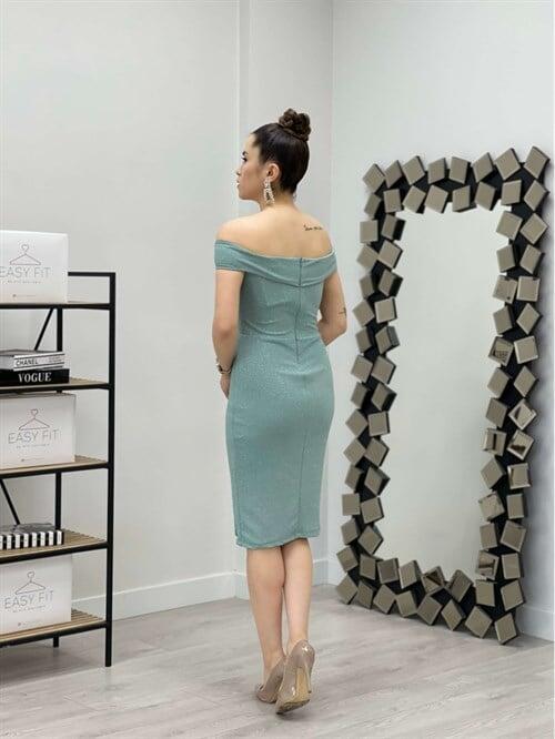 Simli Kumaş Kayık Yaka Elbise - MİNT YEŞİL - 5