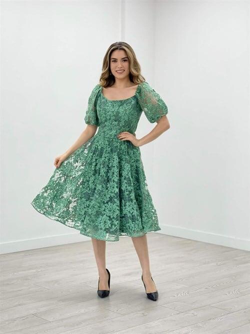 Simli Kumaş Kayık Yaka Elbise - MİNT YEŞİL - 1