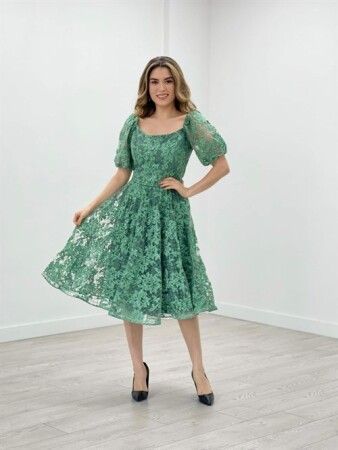 Glittery Fabric Boat Neck Dress - MINT GREEN - Angelino Moda