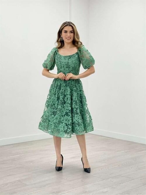 Simli Kumaş Kayık Yaka Elbise - MİNT YEŞİL - 2