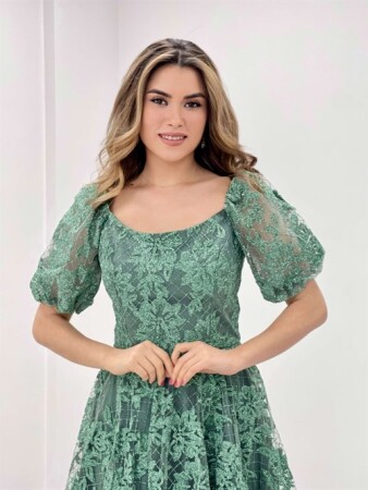 Simli Kumaş Kayık Yaka Elbise - MİNT YEŞİL - 3