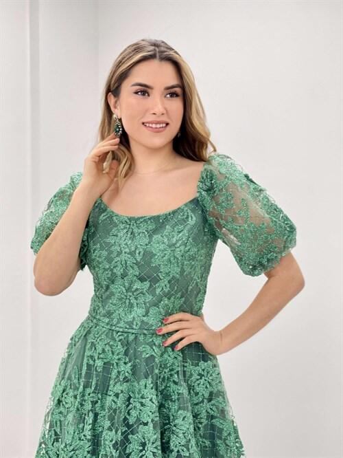 Simli Kumaş Kayık Yaka Elbise - MİNT YEŞİL - 4