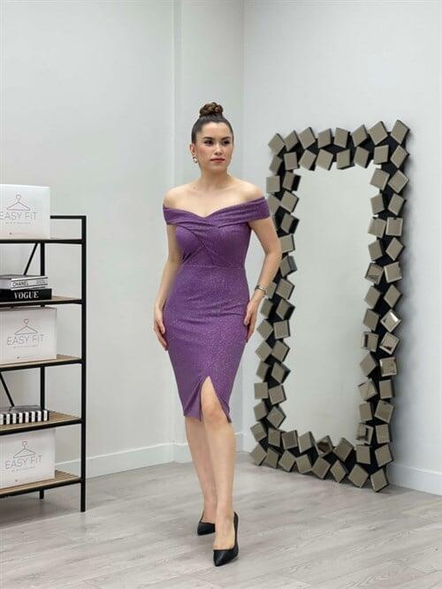 Simli Kumaş Kayık Yaka Elbise - MOR - 1