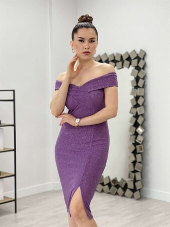 Silvery Fabric Boat Neck Dress - PURPLE - Angelino Moda (1)