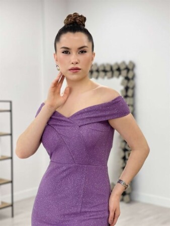 Simli Kumaş Kayık Yaka Elbise - MOR - 3