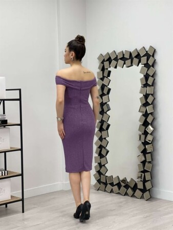 Simli Kumaş Kayık Yaka Elbise - MOR - 5