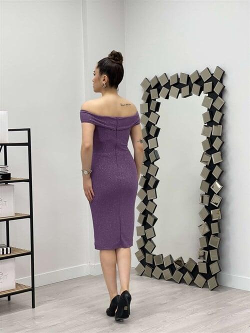 Simli Kumaş Kayık Yaka Elbise - MOR - 5