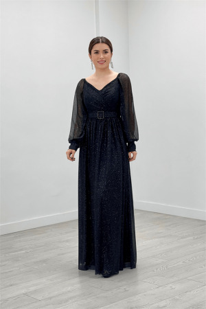 Silvery Fabric Belted Evening Dress - BLACK - Angelino Moda
