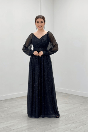 Silvery Fabric Belted Evening Dress - BLACK - Angelino Moda (1)