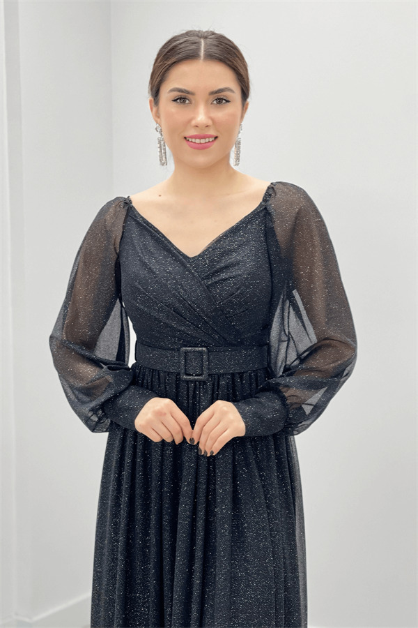 Simli Kumaş Kemerli Abiye Elbise - SİYAH - 3