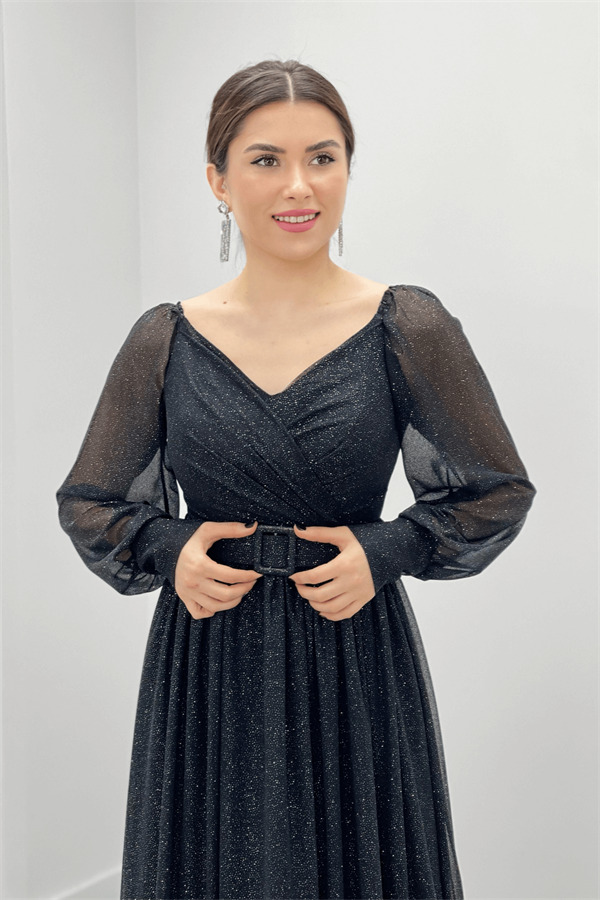 Simli Kumaş Kemerli Abiye Elbise - SİYAH - 4