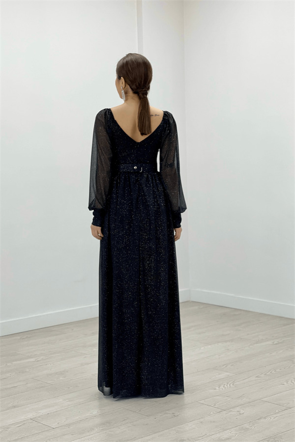 Simli Kumaş Kemerli Abiye Elbise - SİYAH - 5