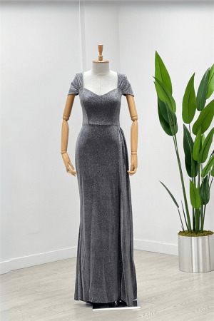 Simli Kumaş Omu Büzgülü Uzun Elbise - GÜMÜŞ - Angelino Moda