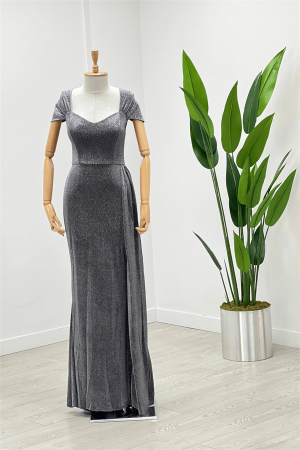 Simli Kumaş Omu Büzgülü Uzun Elbise - GÜMÜŞ - 2