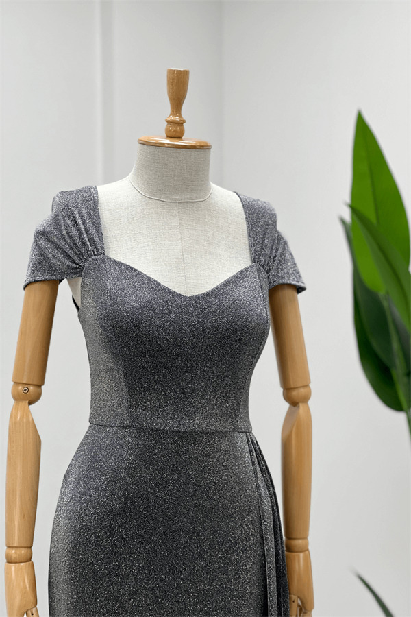 Simli Kumaş Omu Büzgülü Uzun Elbise - GÜMÜŞ - 3