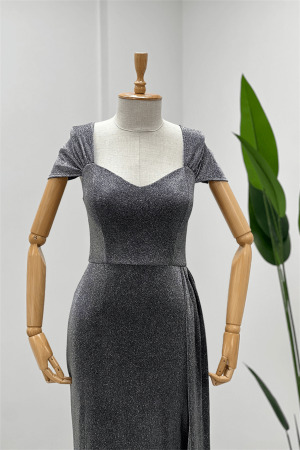 Simli Kumaş Omu Büzgülü Uzun Elbise - GÜMÜŞ - 4