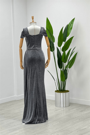 Simli Kumaş Omu Büzgülü Uzun Elbise - GÜMÜŞ - 5