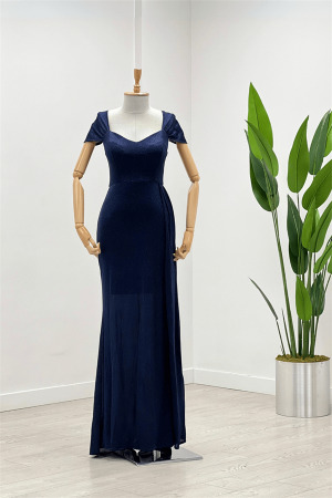 Simli Kumaş Omu Büzgülü Uzun Elbise - LACİVERT - Angelino Moda