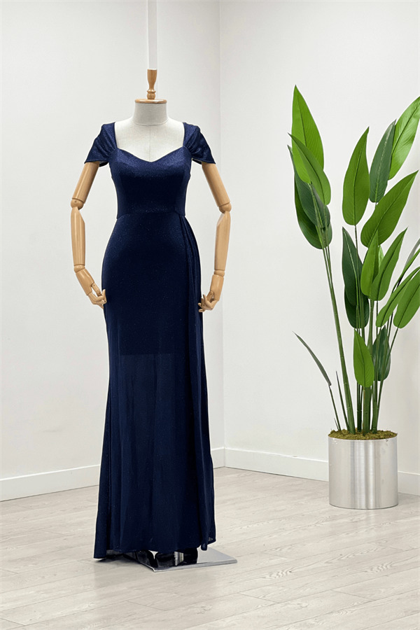 Simli Kumaş Omu Büzgülü Uzun Elbise - LACİVERT - 2