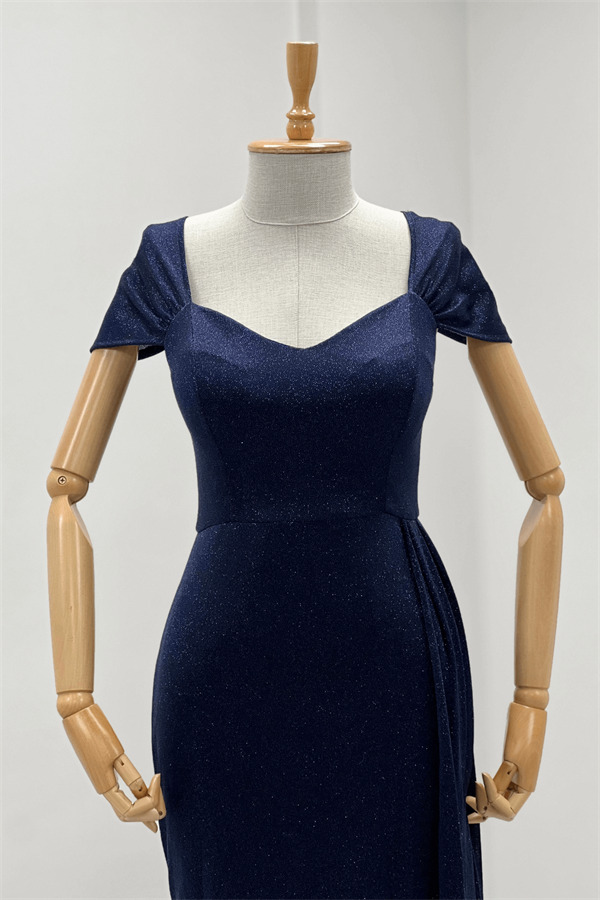 Simli Kumaş Omu Büzgülü Uzun Elbise - LACİVERT - 3