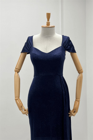 Simli Kumaş Omu Büzgülü Uzun Elbise - LACİVERT - 4