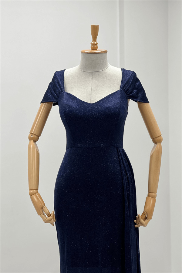 Simli Kumaş Omu Büzgülü Uzun Elbise - LACİVERT - 4