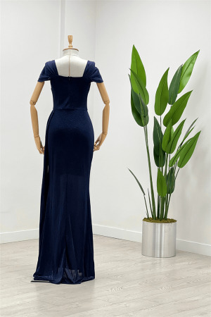 Simli Kumaş Omu Büzgülü Uzun Elbise - LACİVERT - 5