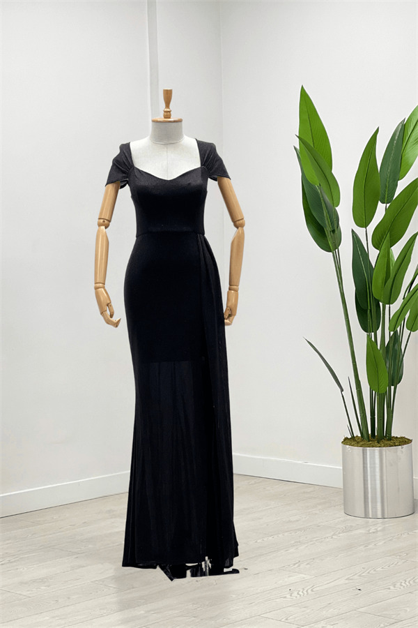 Simli Kumaş Omu Büzgülü Uzun Elbise - SİYAH - 1