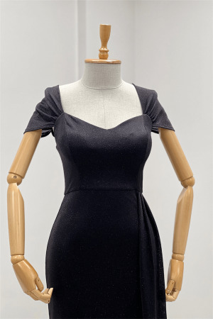 Simli Kumaş Omu Büzgülü Uzun Elbise - SİYAH - 3