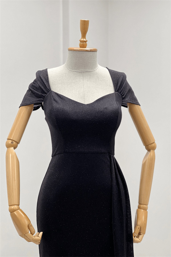 Simli Kumaş Omu Büzgülü Uzun Elbise - SİYAH - 3