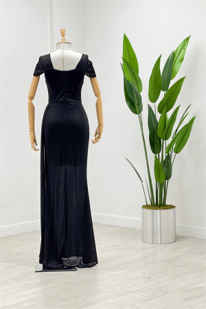 Simli Kumaş Omu Büzgülü Uzun Elbise - SİYAH - 5