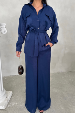SİMLİ KUMAŞ SALAŞ PANTOLON - GÖMLEK TAKIM - Lacivert - ANGELINO BuyukBedeniz (1)